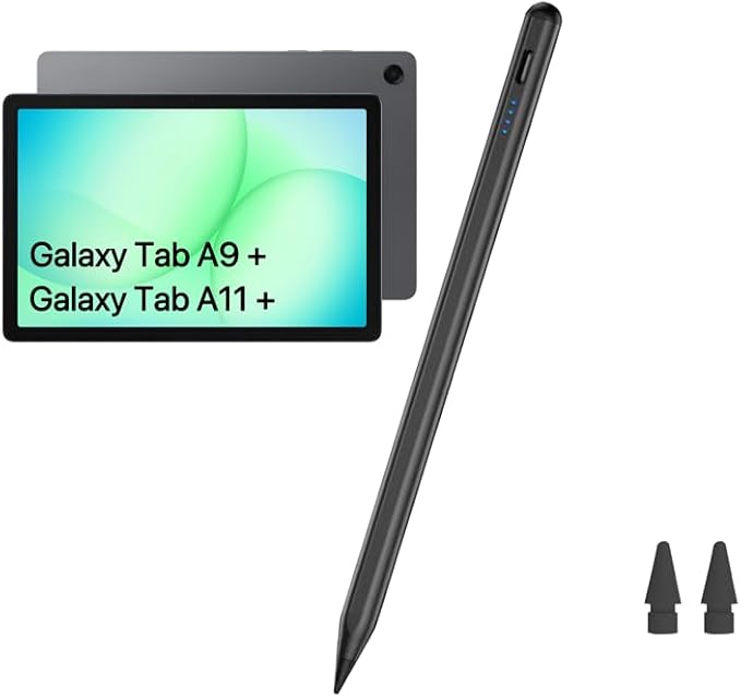 Rechargeable Stylus Pen for Samsung Galaxy Tab A11/A11+, A9/A9+ – 1.5mm Fine Tip, USB-C Fast Charging, Battery Indicator, Touchscreen Pencil for Writing & Drawing – Black